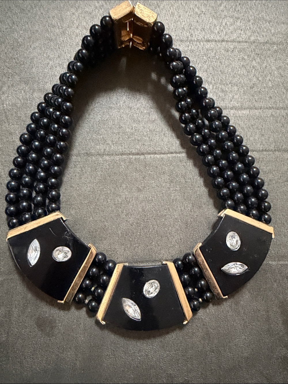 Black Beaded Art Deco Panel Statement Necklace with Rhinestone and Gold Accents